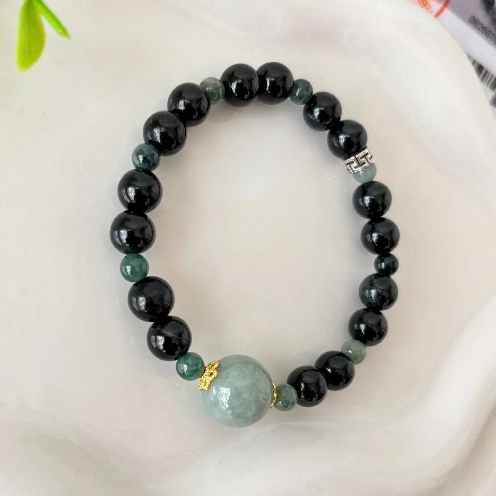Authentic Jadeite Beaded Bracelet with Silver and Gold Accents  20.43g